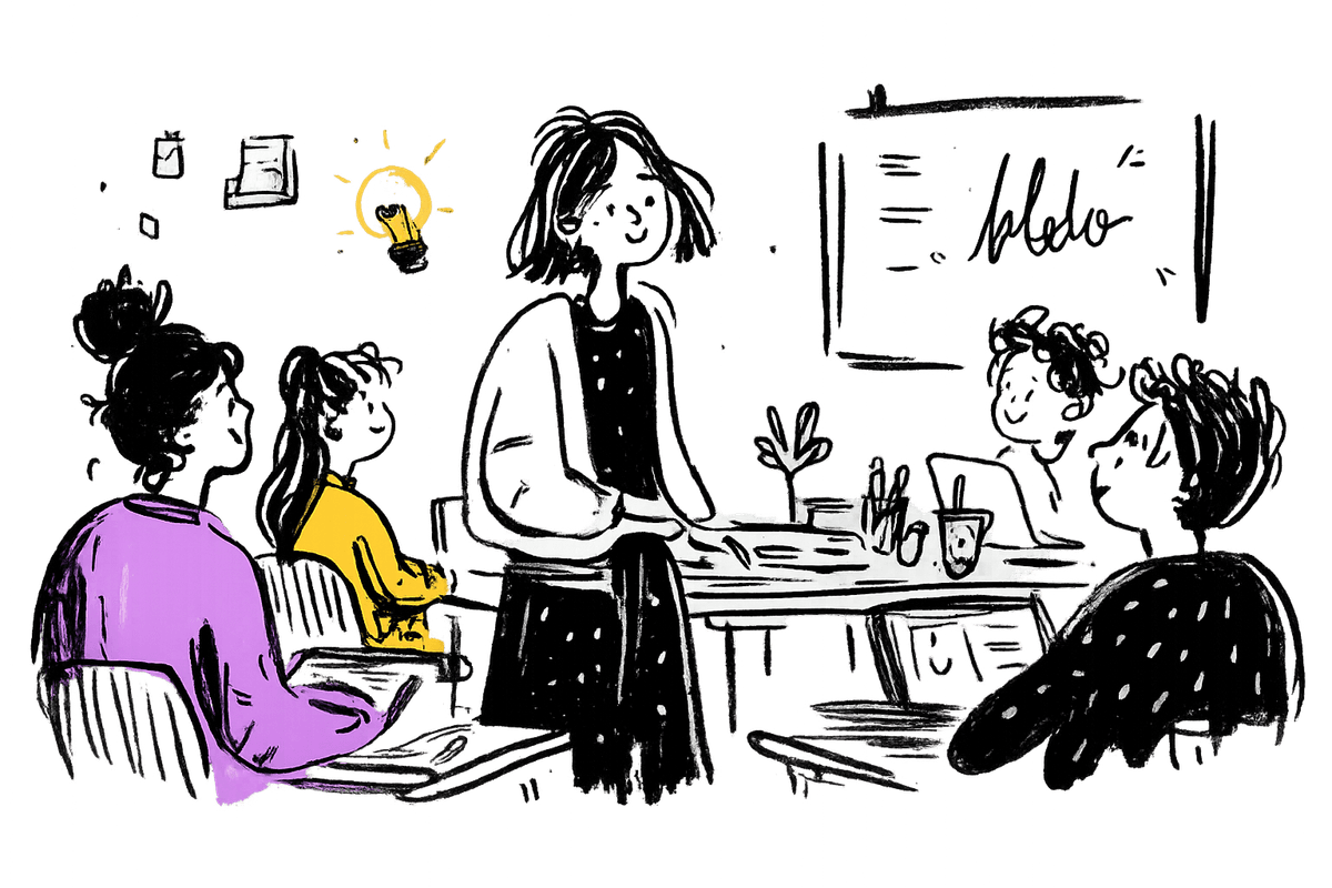 A teacher leading a small class, a lightbulb glowing above the students